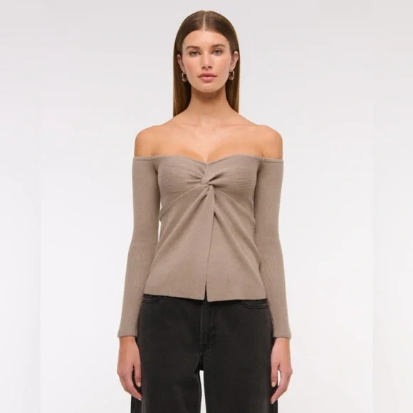 Abercrombie & Fitch Off-Shoulder Twist Sweater, tan, medium - Picture 1 of 8